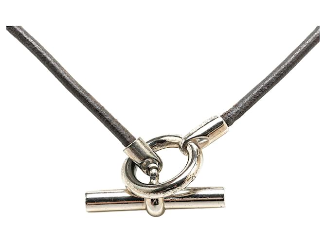 Collier Choker Glenan en Argent Hermès Cuir Platine Marron foncé  ref.1427986