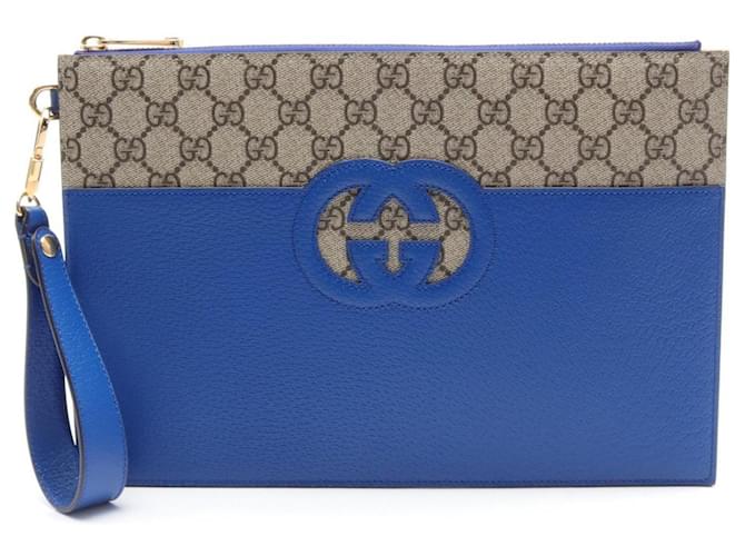 Gucci GG Supreme Interlocking G Clutch Bag Leather Clutch Bag 723320 in Great Condition Blue  ref.1428040