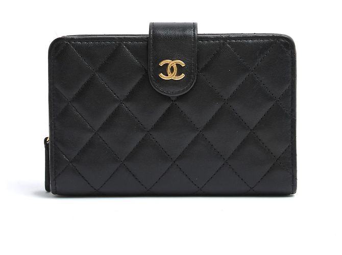 Chanel Compact Classic CC Black Leather Wallet in box