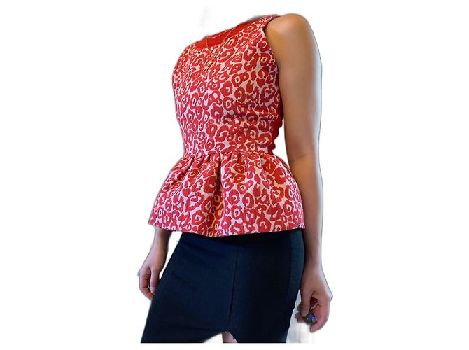 Preen By Thornton Bregazzi Peplum Oberteil Jacquard Leopardenmuster Rot Weiß