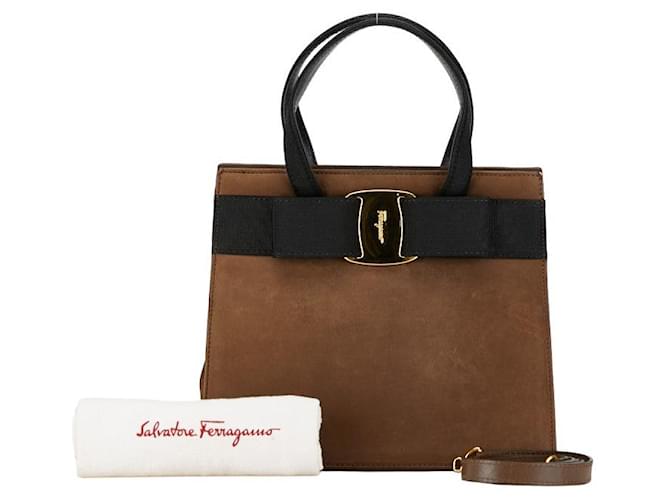 Bolso de mano Salvatore Ferragamo de ante Vara Ribbon 2WAY BA214178 en buenas condiciones Castaño Cuero  ref.1429125