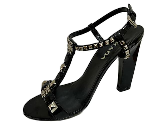 Prada Studded patent leather heeled sandals Black Silver hardware Metal ref.1429663 Joli Closet