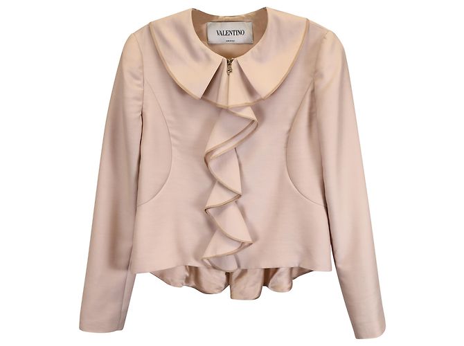Valentino Garavani Ruffle Front Jacket in Beige Wool