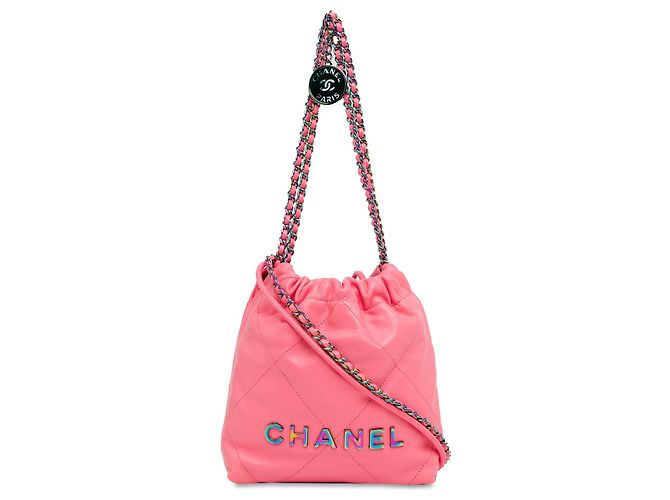 Bolsa Chanel Mini Rosa em couro de bezerro brilhante com hardware arco-íris 22