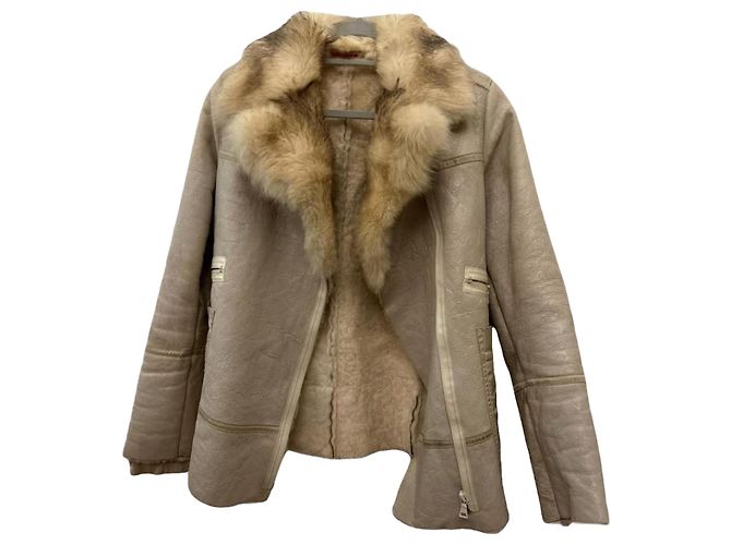 Prada sheepskin jacket with fox fur collar beige