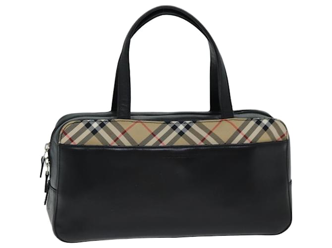 BURBERRY Nova Check Hand Bag Leather Canvas Black Beige Auth yk13164  ref.1431758