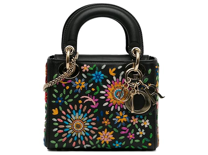 Dior Black Mini Calfskin Flowers Embroidered Lady Dior Leather Pony-style calfskin  ref.1432343