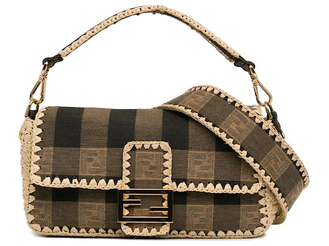 Sac à bandoulière Fendi en toile Pequin marron et en raffia Tissu  ref.1432403