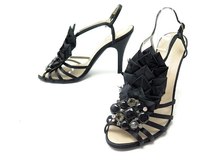 CHANEL SHOES BIJOU GRIPOIX SANDALS 40 IN BLACK SATIN FEATHERS  ref.1432510