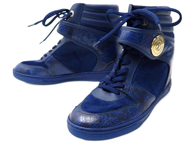 NEUF BASKETS LOUIS VUITTON POSTMARK 38.5 POULAIN & PYTHON WEDGE SNEAKERS Bleu