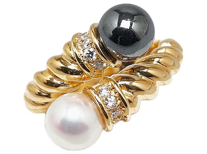 & Other Stories K18YG Yellow Gold Pearl 6.2mm Hematite 0.1ct Diamond Ring in Excellent Condition Golden Metal  ref.1432596