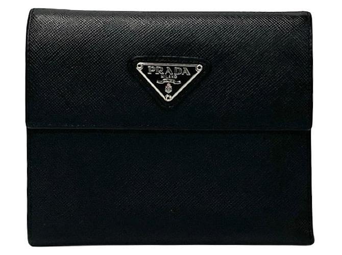 Prada Saffiano Dreifach-Wallet, kurze Leder-Wallet in gutem Zustand Schwarz  ref.1432621