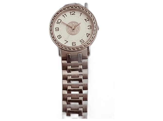 Relógio Hermès Sellier em aço com mostrador branco 30mm Prata