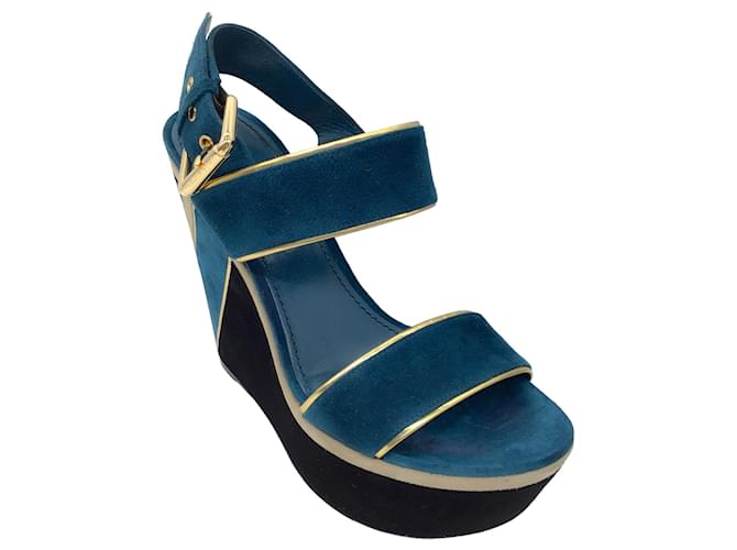 Sandales compensées en suède bleu-vert / beige / noir Louis Vuitton Suede Multicolore  ref.1433204