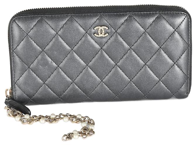 Chanel Gunmetal Metallic Quilted Lambskin Zip Around Wallet Blue Leather  ref.1433322