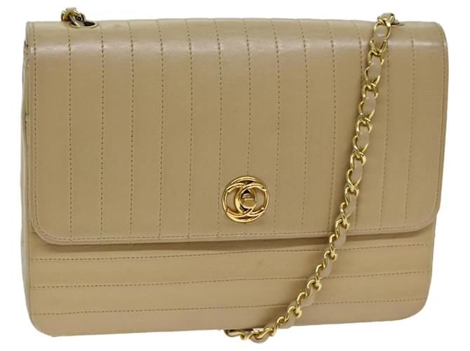 CHANEL Mademoiselle Bolsa de Ombro com Cadeia Turn Lock em Couro de Cordeiro Bege CC Auth 79659  ref.1434255