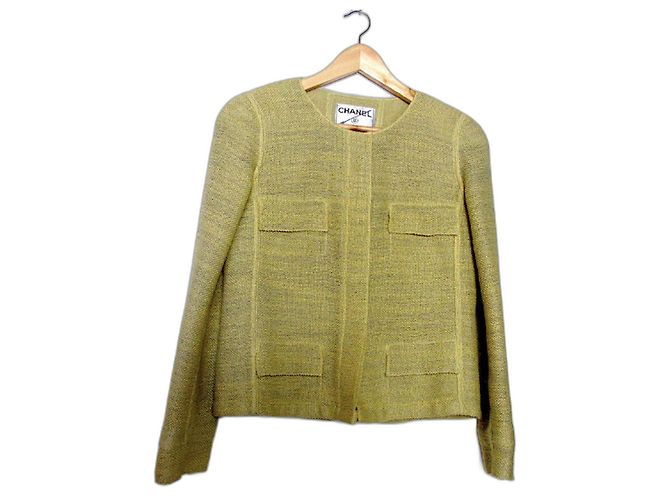 Chanel Jacke senfgelb grün Baumwolle Größe 38