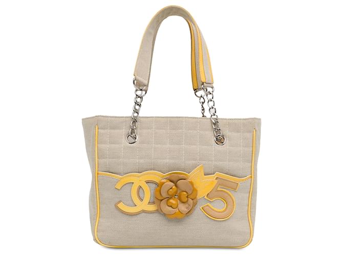 Chanel Gray Choco Bar Canvas CC Camellia No. 5 Tote Brown Cloth  
