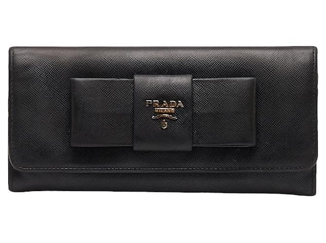 Cartera larga de cuero Saffiano Fiocco Ribbon de Prada 1M1132 en buen estado Negro  ref.1436845