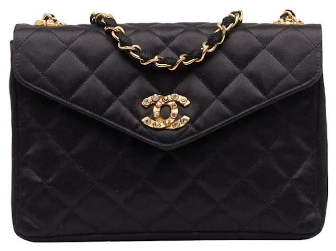 Chanel Satin Coco Mark Rhinestone Chain Shoulder Bag in Very Good Condition Black Cloth  ref.1436960