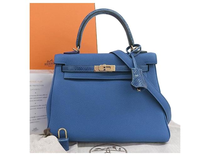 Hermès Sac 2-en-1 Hermes Kelly Touch 25 Togo Lizard en excellent état Cuir Bleu  ref.1437182