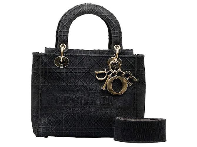 Dior Lady D-Lite Cannage-Canvas-Handtasche in sehr gutem Zustand Schwarz Leinwand  ref.1437461