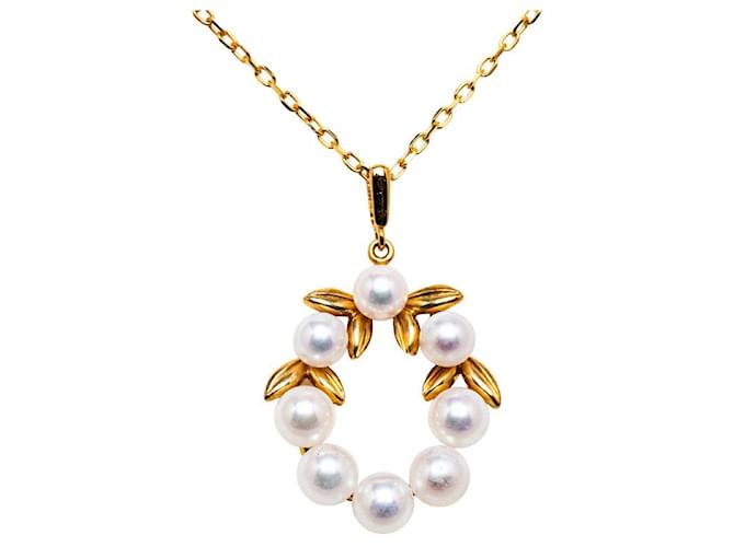 Mikimoto K18YG Yellow Gold Pearl Leaf Motif Chain Necklace in Great Condition Golden Metal  ref.1437569