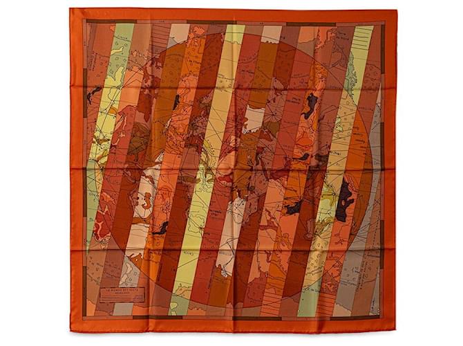 Hermès Lenço de seda Hermes 88cm x 89cm Carre 90 LE MONDE EST VASTE Mapa do Mundo em Excelente Estado Laranja Lona  ref.1438040