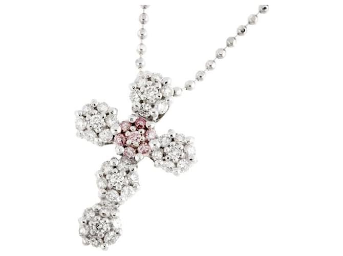 Other jewelry & Other Stories K18 White Gold Cross Necklace with Melee Pink Diamond 0.04ct & Melee Diamond 0.26ct in Silver for Women in Excellent Condition Silvery  ref.1438263