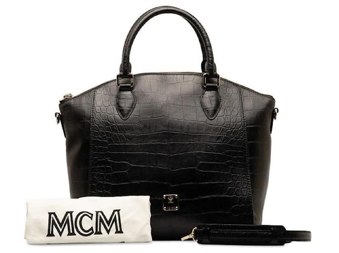 MCM Leather Crocodile Embossed 2WAY Tote Shoulder Bag in Great Condition Black  ref.1438289