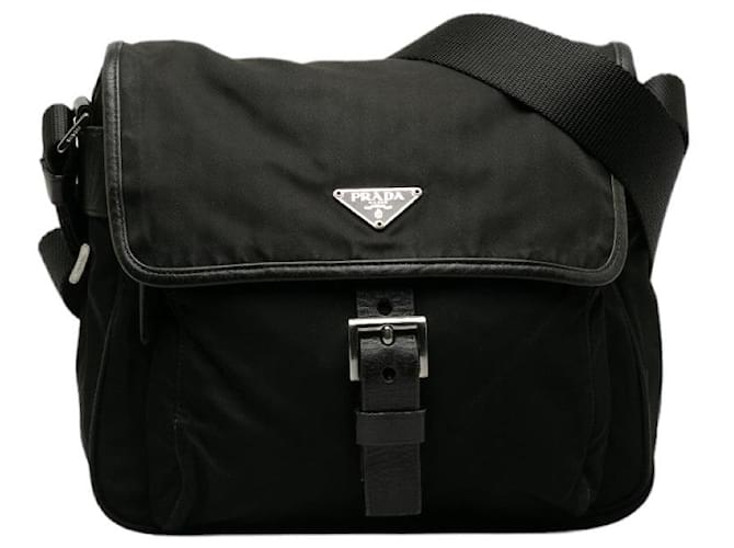 Sac messager en nylon et cuir Prada avec logo triangle BT0173 en très bon état Toile Noir  ref.1438453