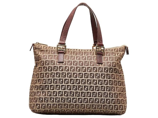 Fendi Zucchino Canvas Leather Handbag Tote 8BH138 in Very Good Condition Beige Cloth  ref.1438861