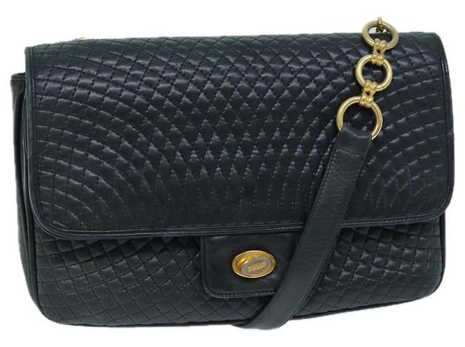 Bolsa de Ombro BALLY em Couro Azul Marinho Auth yb581
