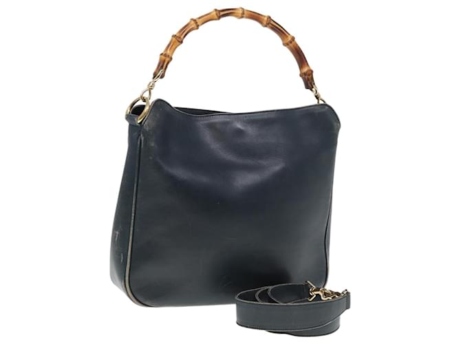 Bolsa de mão em couro GUCCI Bamboo 2 vias Navy 001 8638 Auth 79571 Azul marinho  ref.1439125