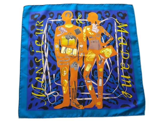 Hermès Hermes Monsieur & Madame Foulard Scarf Blue Orange Silk  ref.1439304
