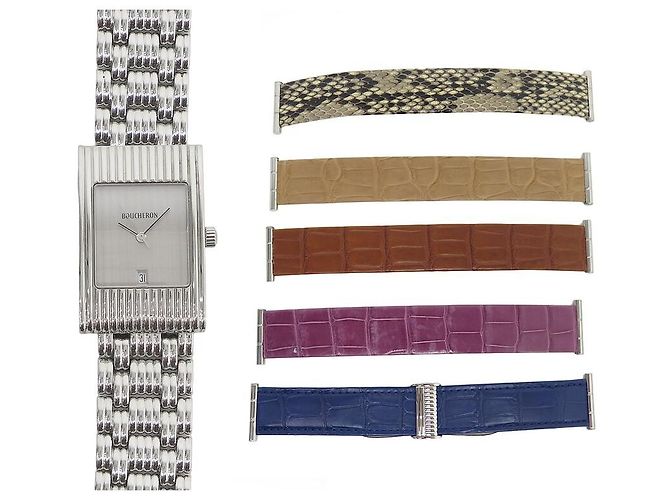 NEW BOUCHERON REFLET MEDIUM 36 MM WATCH +6 CROCO & STEEL BRACELETS Silvery