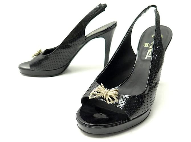 CHANEL SHOES PUMPS BOWS G26717 38.5 IN BLACK PATENT LEATHER  ref.1439956