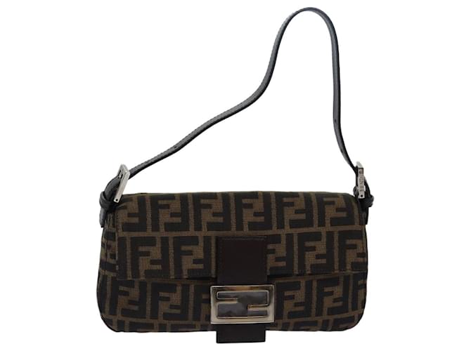 Sac à bandoulière FENDI Zucca en toile Mamma Baguette marron noir Auth 79451A  ref.1440509