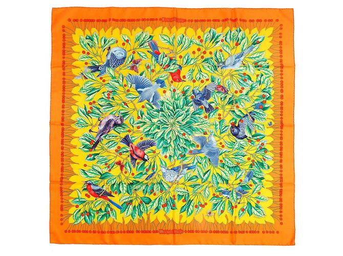 Bufanda Hermès Carré 90 "Les merises" 100% Seda Naranja