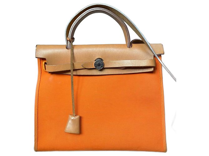 Hermès Herbag 31 PM Lona Laranja e Couro