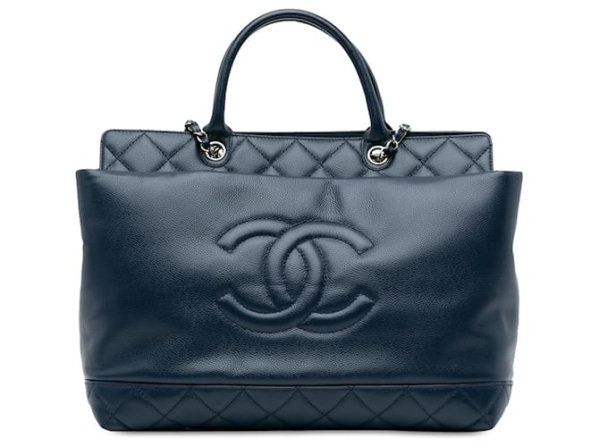 Chanel Bleu Grand Sac Tote en Cuir Caviar Souple à Poignée Supérieure Bleu Marine  ref.1442767