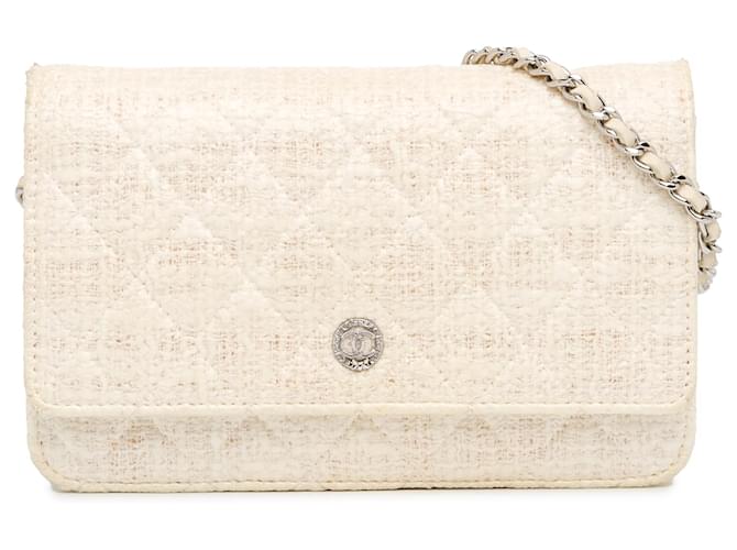 Wallet On Chain Portefeuille Chanel Brown CC en tweed enduit avec chaîne Toile Tissu Marron Beige  ref.1442775