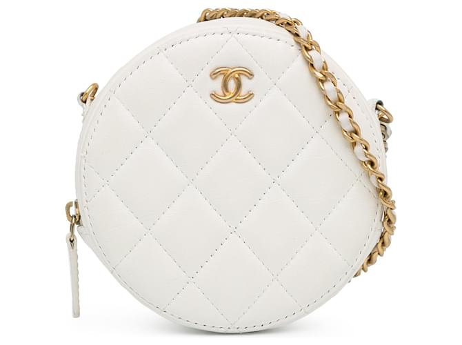 White Chanel Quilted Lambskin Pearl Crush Round Clutch with Chain Crossbody Bag Leather  ref.1443193