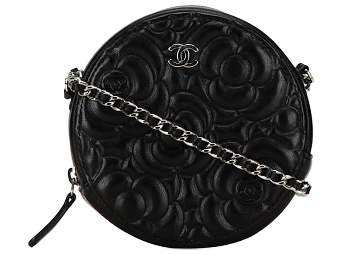 Runder Clutch aus schwarzem Ziegenleder mit Kette von Chanel Camellia  ref.1443221