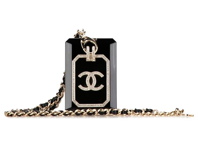 Black Chanel Rhinestone Embellished Resin and Leather Card Case Necklace  ref.1443223