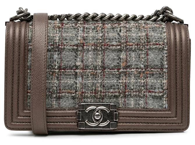 Brown Chanel Medium Tweed Boy Flap Shoulder Bag Leather  ref.1443227