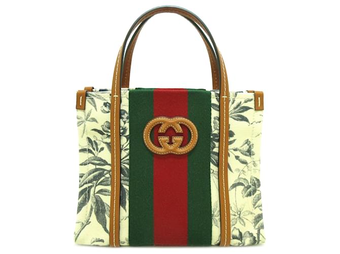 Creme Gucci Mini Bedruckte Canvas Interlocking G Web Handtasche Roh Leder  ref.1443230