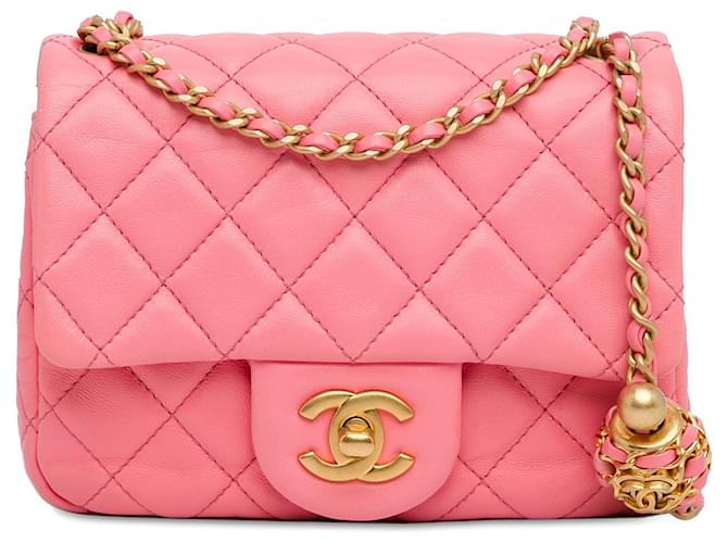 Sac à bandoulière Pink Chanel Mini Square Classic en cuir d'agneau avec perles Crush Rose  ref.1443245