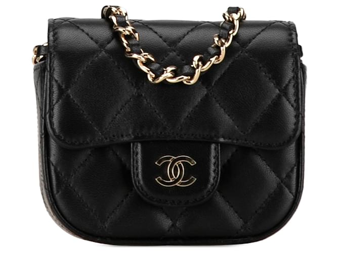 Black Chanel CC Quilted Lambskin Flap Card Holder On Chain Crossbody Bag Leather  ref.1443301