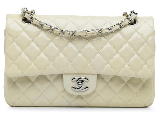 White Chanel Medium Classic Patent Double Flap Shoulder Bag Leather  ref.1443354